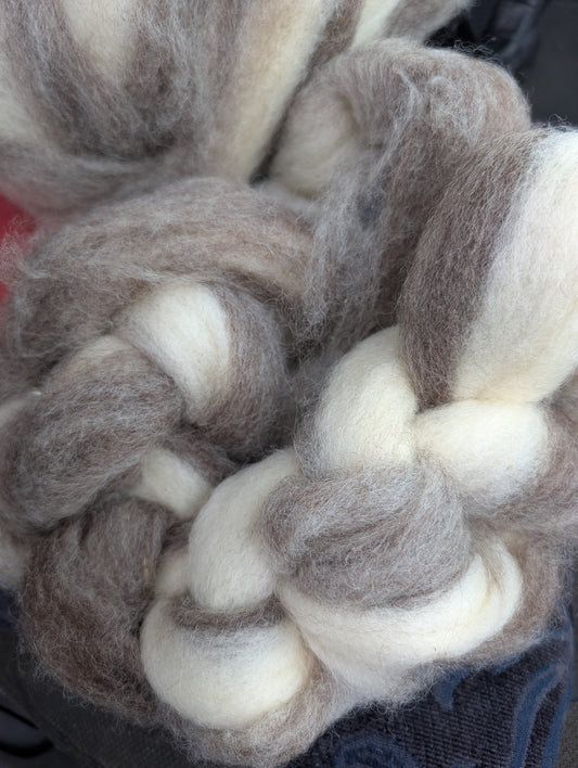 Variegated grey and white Romney cross roving